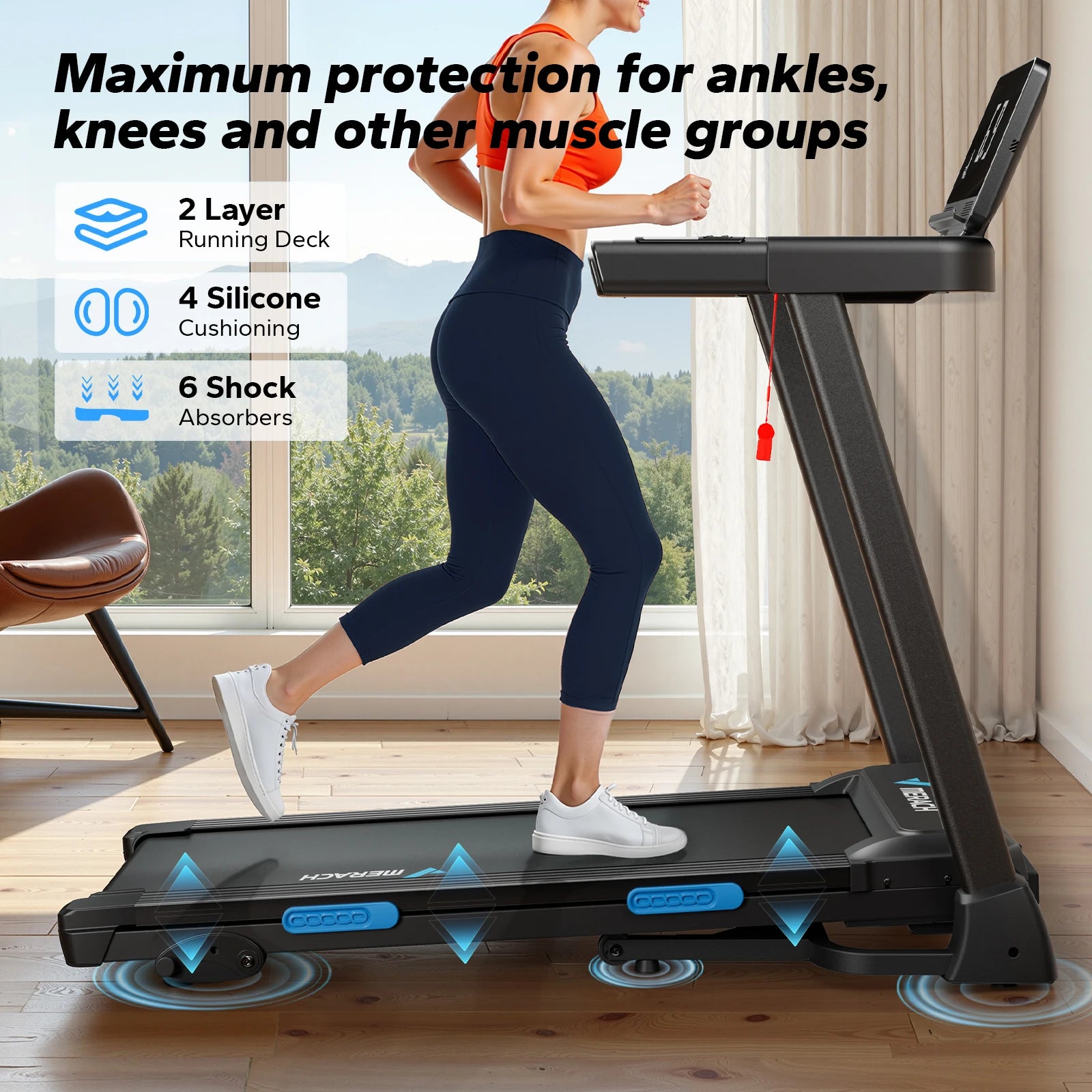 MERACH Foldable Treadmill T12 Incline Quiet Treadmills Double Deck Technology 4 Silicone Shock Cushion Heart Rate Monitoring - WeightCityStore