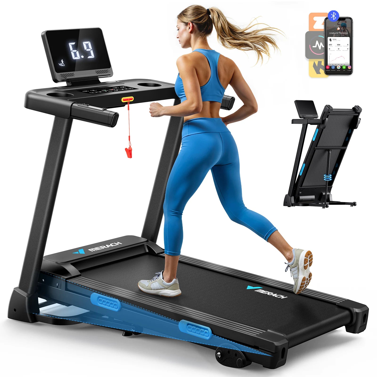 MERACH Foldable Treadmill T12 Incline Quiet Treadmills Double Deck Technology 4 Silicone Shock Cushion Heart Rate Monitoring - WeightCityStore
