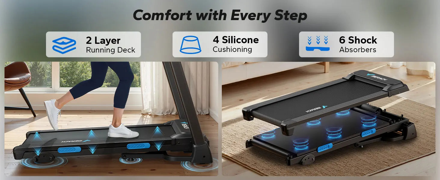 MERACH Foldable Treadmill T12 Incline Quiet Treadmills Double Deck Technology 4 Silicone Shock Cushion Heart Rate Monitoring - WeightCityStore