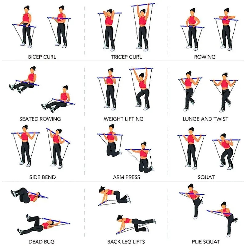 Multifunctional Pilates Bar Combination Fitness Bar Yoga Chest Expansion Tension Rope Back Trainer Elastic Rope Stretching Belt - WeightCityStore