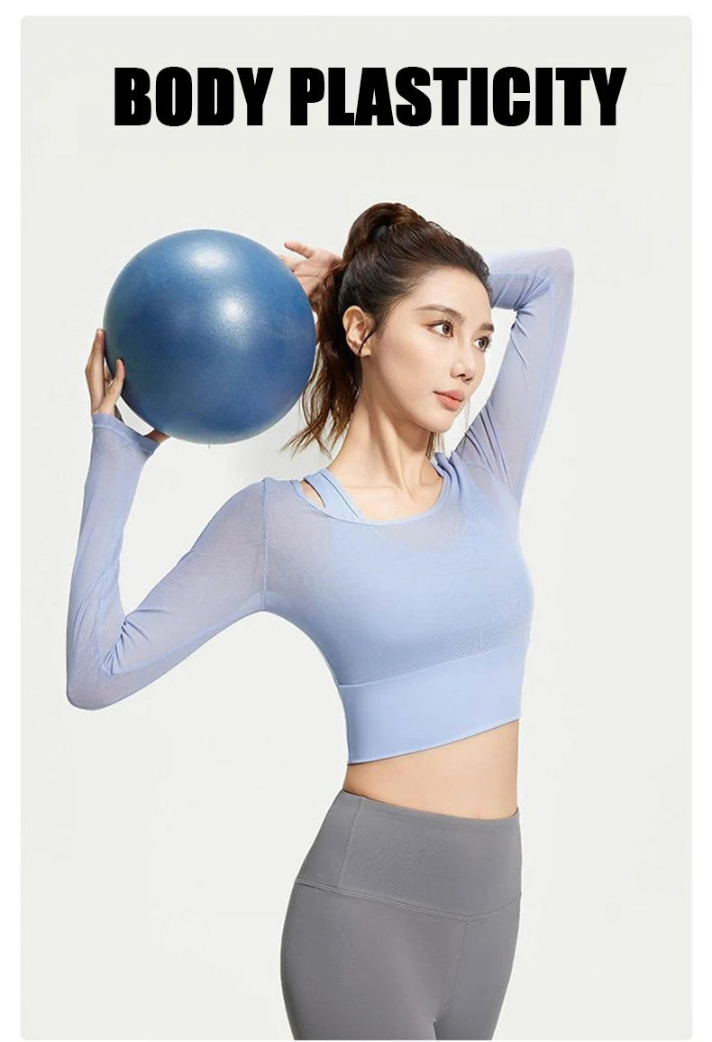 Womens Yoga Two Piece Top Comfortable Breathable Casual Sports Fitness Running Cycling Workout Yoga Long Sleeve Mesh T-Shirt - WeightCityStore