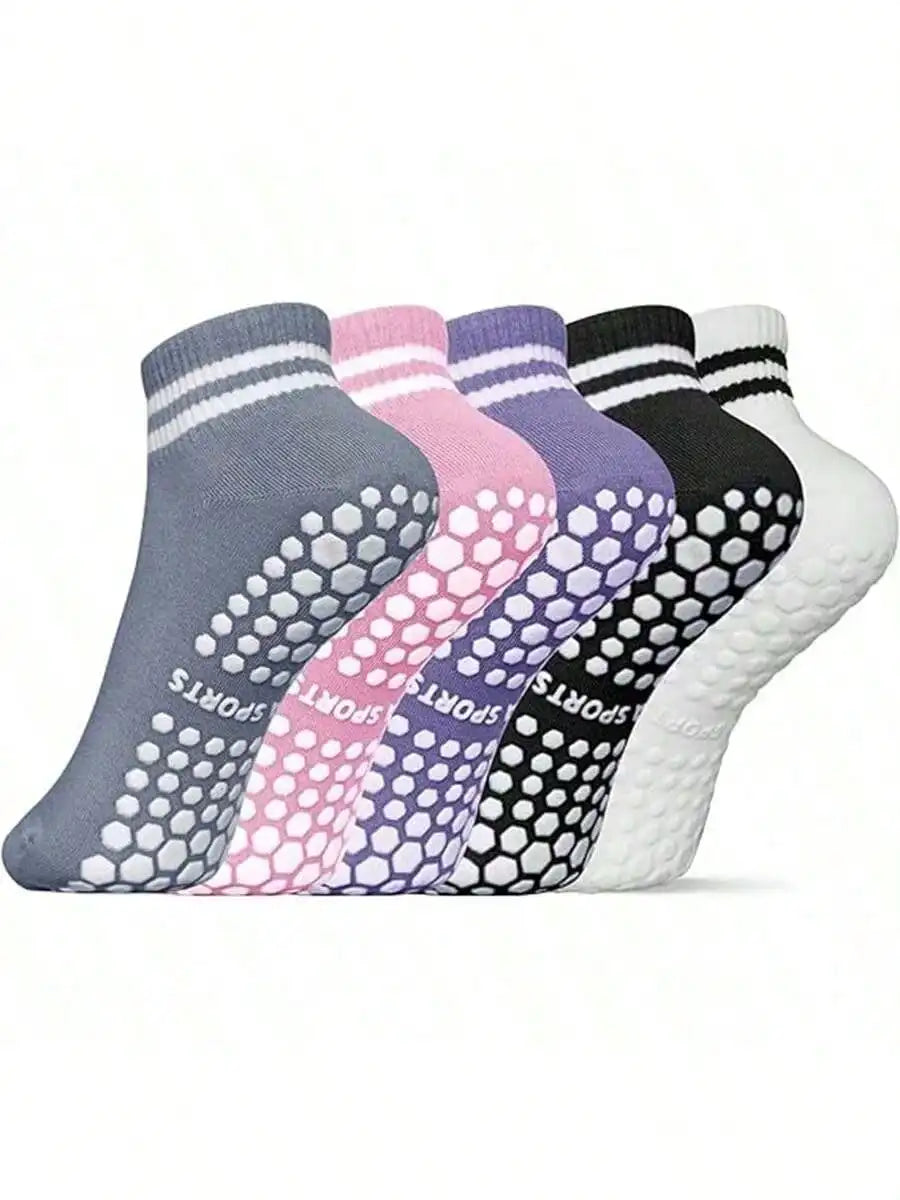 5 Pairs Grip Socks for Women, Non Slip Pilates Yoga Socks with Double Stripes Non Slip Socks for Workout, Ballet, Athletic Socks