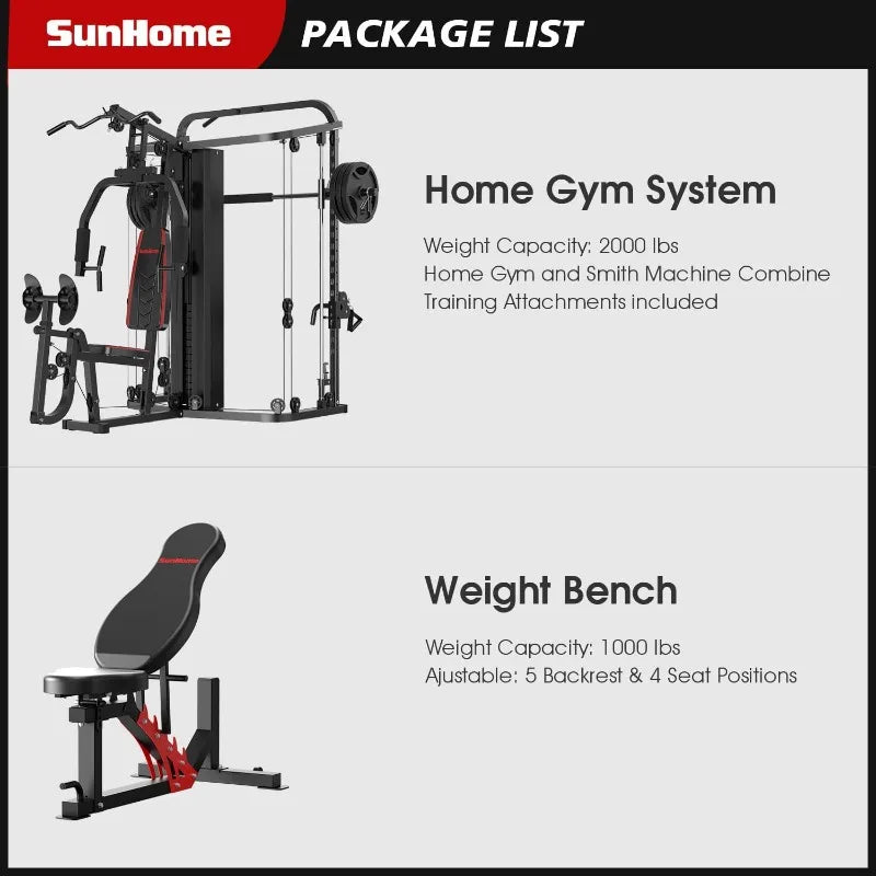 Multifunction Home Gym System Workout Station,Smith Machine with 138LB Weight Stack, Leg Press, LAT Station for Full Bod - WeightCityStore