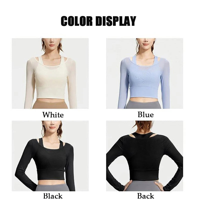 Womens Yoga Two Piece Top Comfortable Breathable Casual Sports Fitness Running Cycling Workout Yoga Long Sleeve Mesh T-Shirt - WeightCityStore