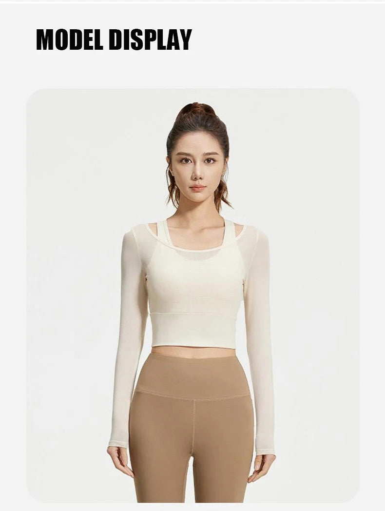 Womens Yoga Two Piece Top Comfortable Breathable Casual Sports Fitness Running Cycling Workout Yoga Long Sleeve Mesh T-Shirt - WeightCityStore
