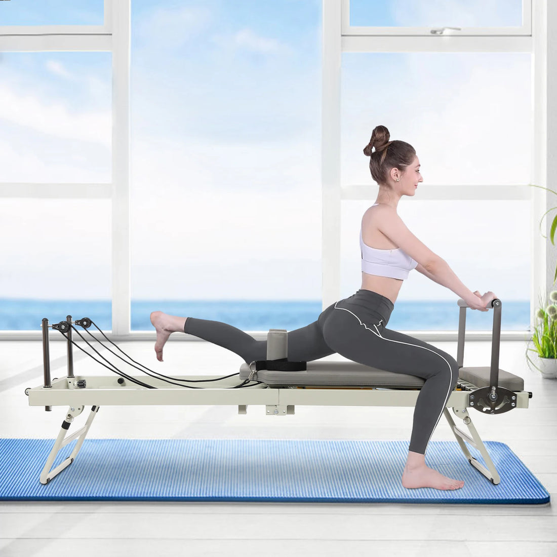 Foldable Pilates Reformer Machine with Latex Springs, 3-Level Rope Adjustment & 4-Position Foot Bar – Gym Yoga Fitness Equipment - WeightCityStore