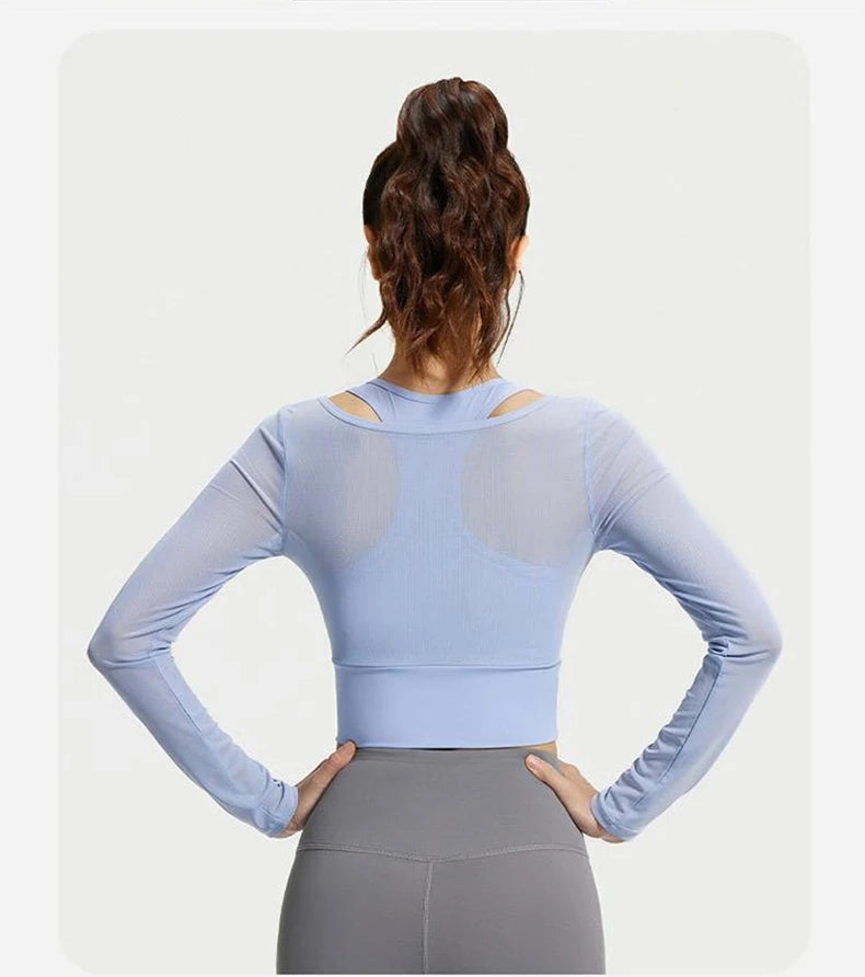 Womens Yoga Two Piece Top Comfortable Breathable Casual Sports Fitness Running Cycling Workout Yoga Long Sleeve Mesh T-Shirt - WeightCityStore