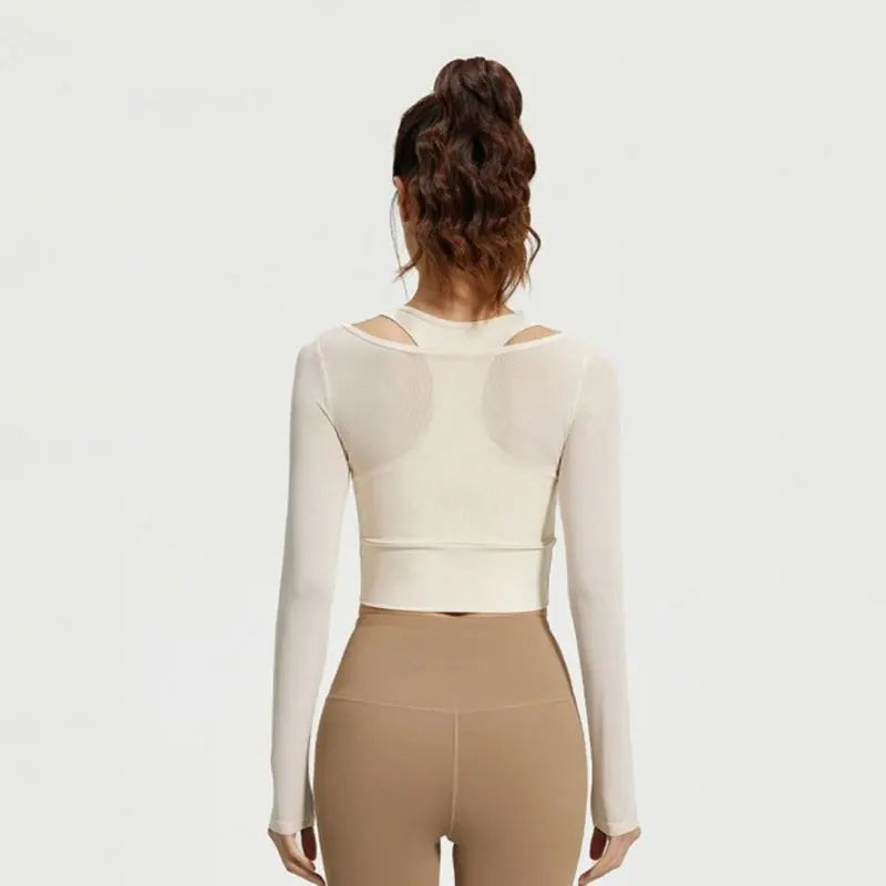 Womens Yoga Two Piece Top Comfortable Breathable Casual Sports Fitness Running Cycling Workout Yoga Long Sleeve Mesh T-Shirt - WeightCityStore