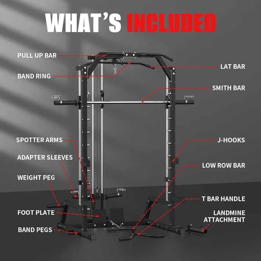 Smith Machine Power Rack with LAT Pulldown System Power Cage with Cable System Squat Rack for Home Gym with Chest Press Machine - WeightCityStore