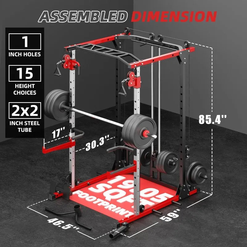 Smith Machine, Power Rack with LAT Pulldown System, Power Cage with Cable System, Squat Rack for Home Gym with Chest - WeightCityStore