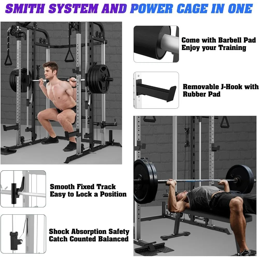 Smith Machine Power Cage Rack with Smith Bar and Cable Pulley Home Gym System - WeightCityStore