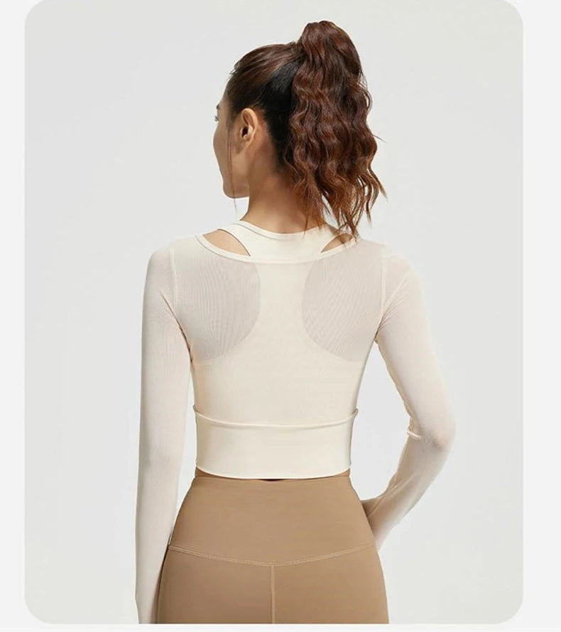 Womens Yoga Two Piece Top Comfortable Breathable Casual Sports Fitness Running Cycling Workout Yoga Long Sleeve Mesh T-Shirt - WeightCityStore