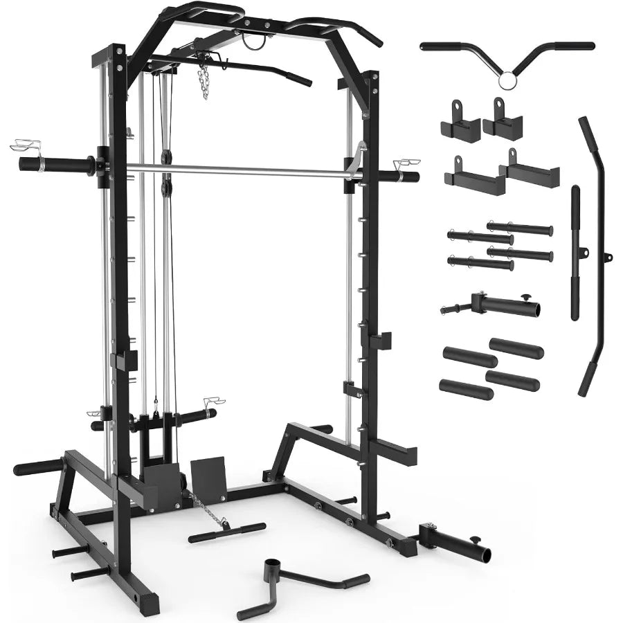 Smith Machine Power Rack with LAT Pulldown System Power Cage with Cable System Squat Rack for Home Gym with Chest Press Machine - WeightCityStore