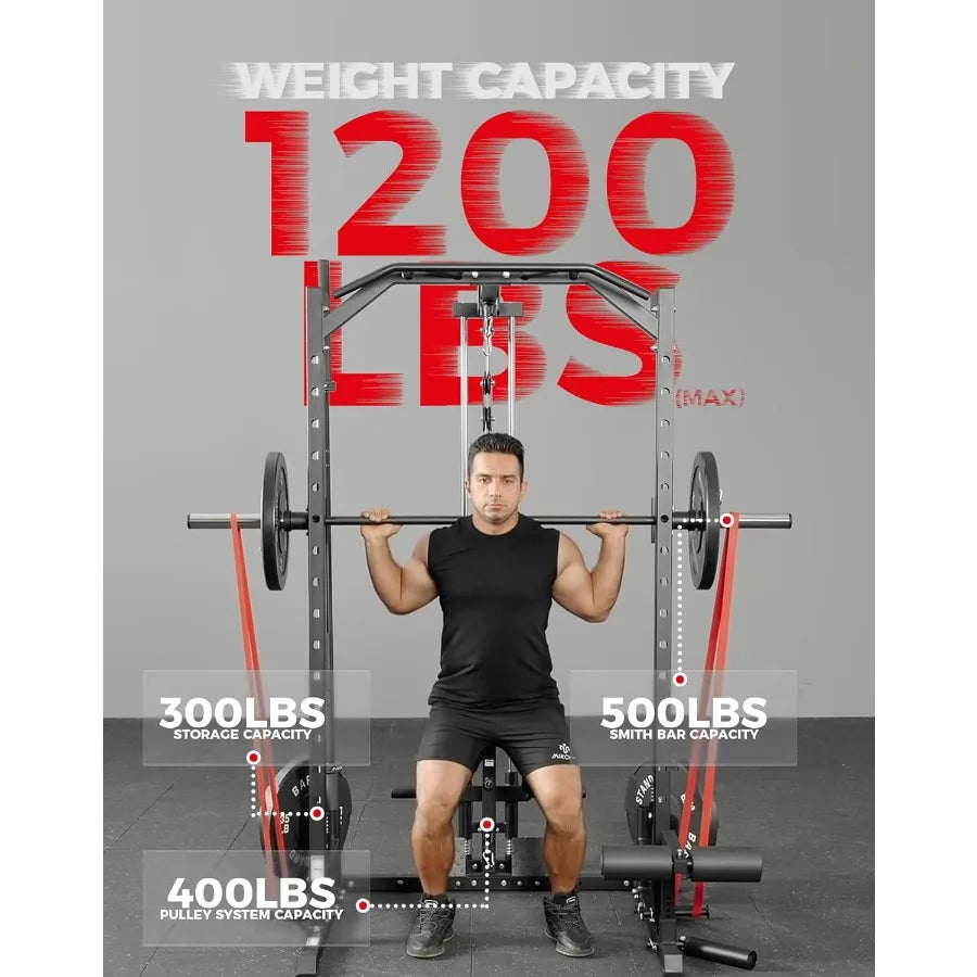 Smith Machine Home Gym Power Cage 1:1 Ratio Strength Trainer (Space Saving Design) (with 8 Free Attachments) Squat Rack for Ful - WeightCityStore