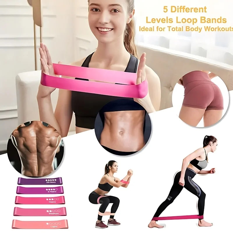 5 Pcs Pink Resistance Bands Set, Workout Bands for Leg Butt Exercise, Elastic Fitness Loop for Home Gym - WeightCityStore