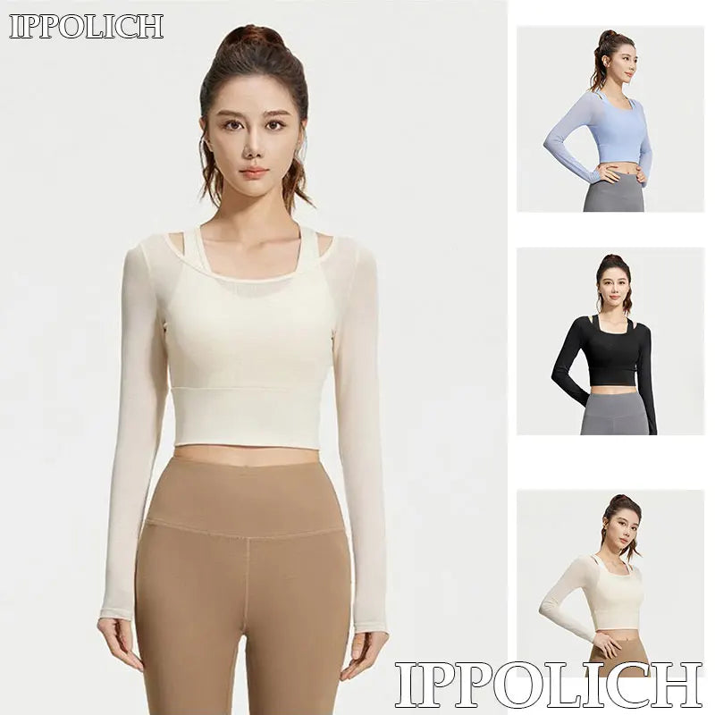 Womens Yoga Two Piece Top Comfortable Breathable Casual Sports Fitness Running Cycling Workout Yoga Long Sleeve Mesh T-Shirt - WeightCityStore