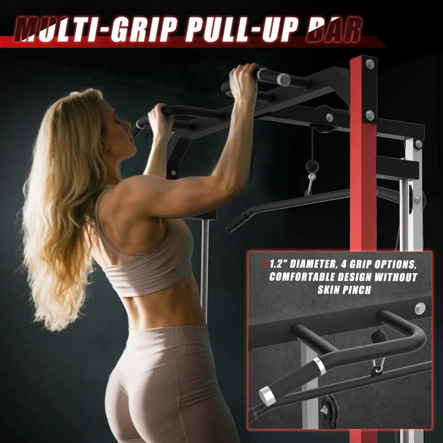 Compact Smith Machine Home Gym - 800lb Barbell Sleeve, Space-Saving Power Cage with LAT Pulldown, Power Rack 5-in-1, 1500lb Capa - WeightCityStore