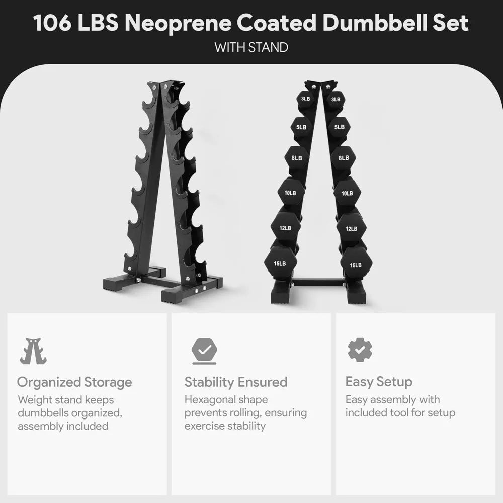 Dumbbell Set with Stand, Neoprene Coated Hand Weights Home Gym Equipment, Black - WeightCityStore