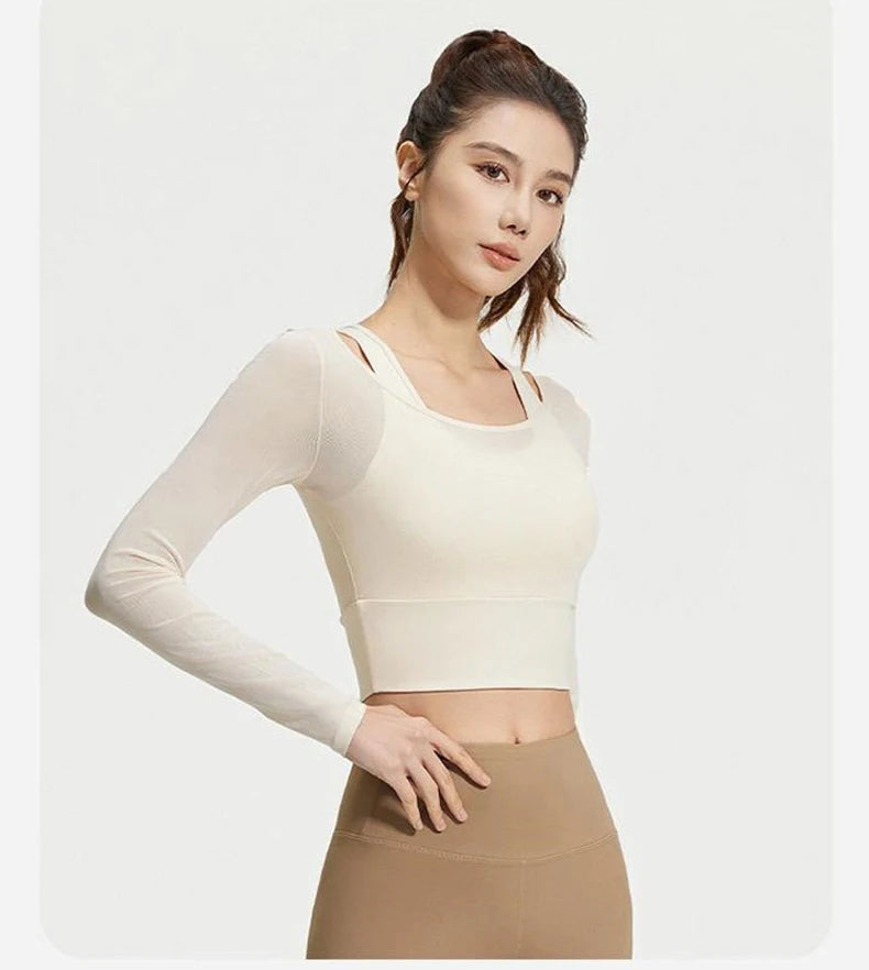 Womens Yoga Two Piece Top Comfortable Breathable Casual Sports Fitness Running Cycling Workout Yoga Long Sleeve Mesh T-Shirt - WeightCityStore