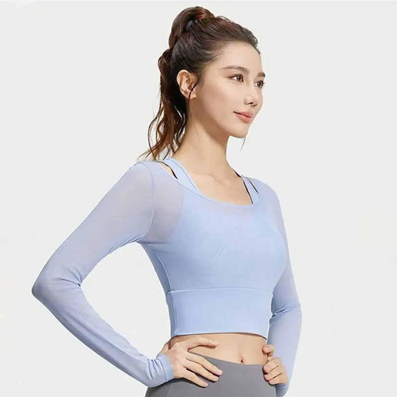 Womens Yoga Two Piece Top Comfortable Breathable Casual Sports Fitness Running Cycling Workout Yoga Long Sleeve Mesh T-Shirt - WeightCityStore