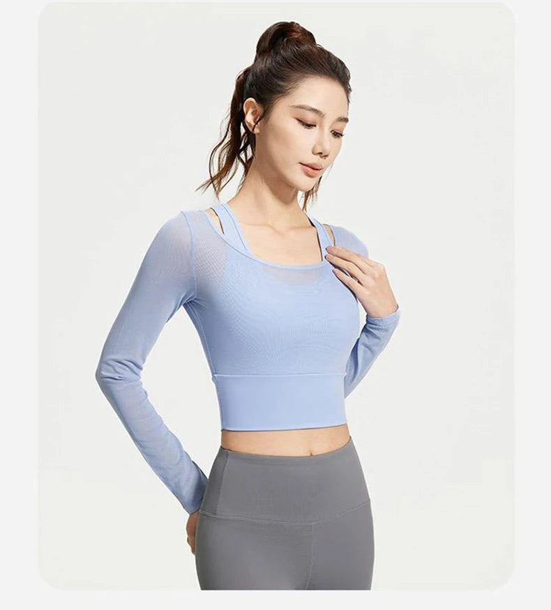 Womens Yoga Two Piece Top Comfortable Breathable Casual Sports Fitness Running Cycling Workout Yoga Long Sleeve Mesh T-Shirt - WeightCityStore