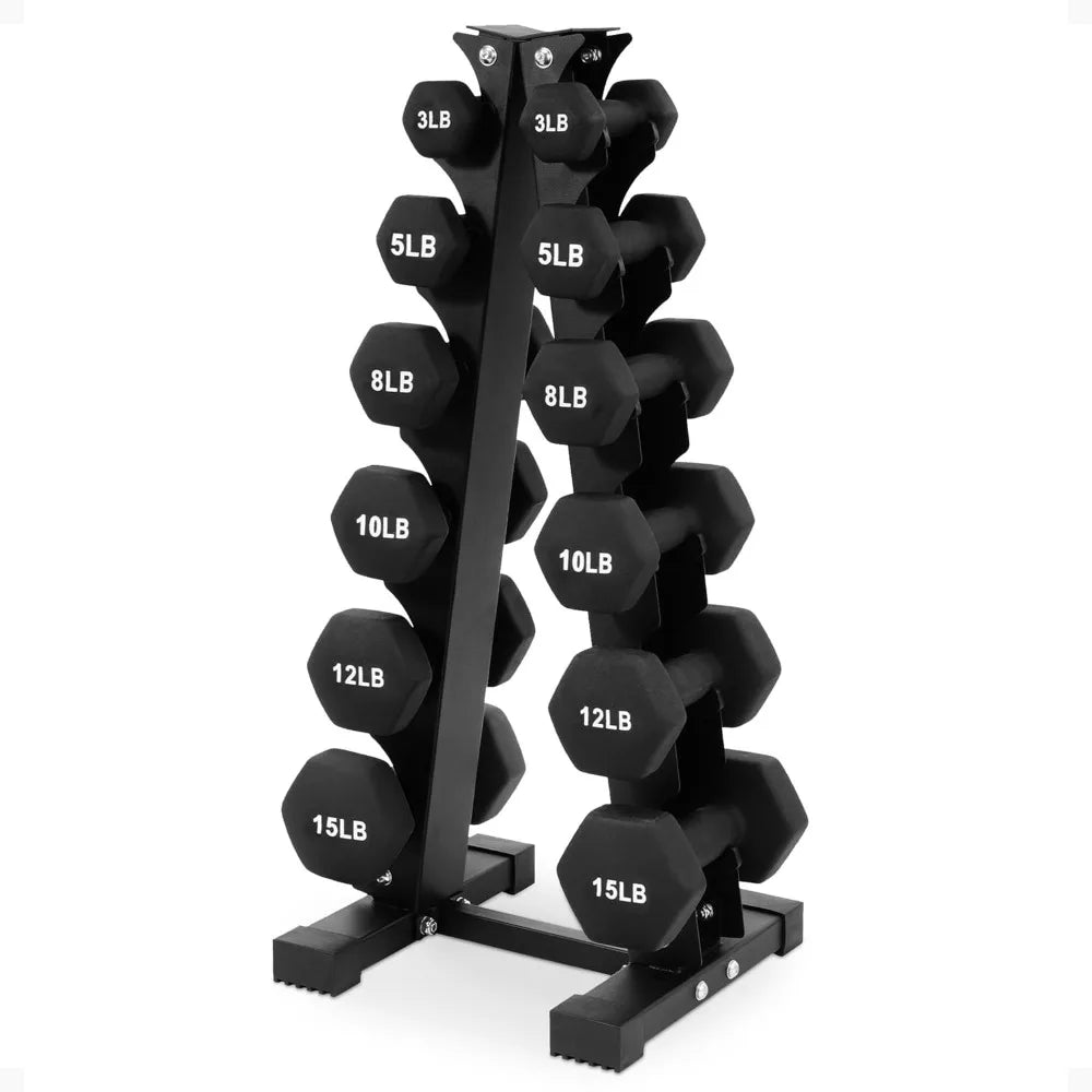 Dumbbell Set with Stand, Neoprene Coated Hand Weights Home Gym Equipment, Black - WeightCityStore