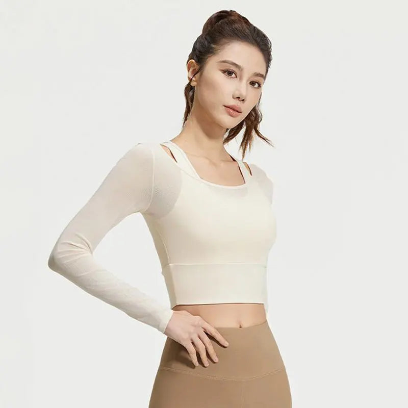 Womens Yoga Two Piece Top Comfortable Breathable Casual Sports Fitness Running Cycling Workout Yoga Long Sleeve Mesh T-Shirt - WeightCityStore
