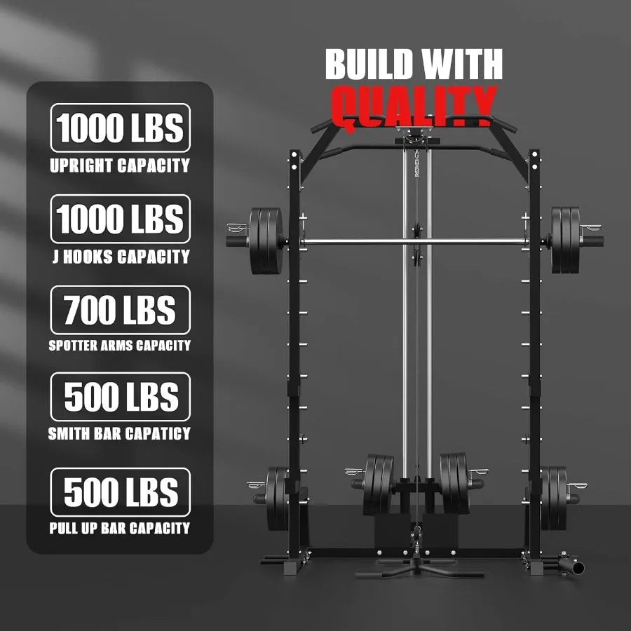 Smith Machine Power Rack with LAT Pulldown System Power Cage with Cable System Squat Rack for Home Gym with Chest Press Machine - WeightCityStore