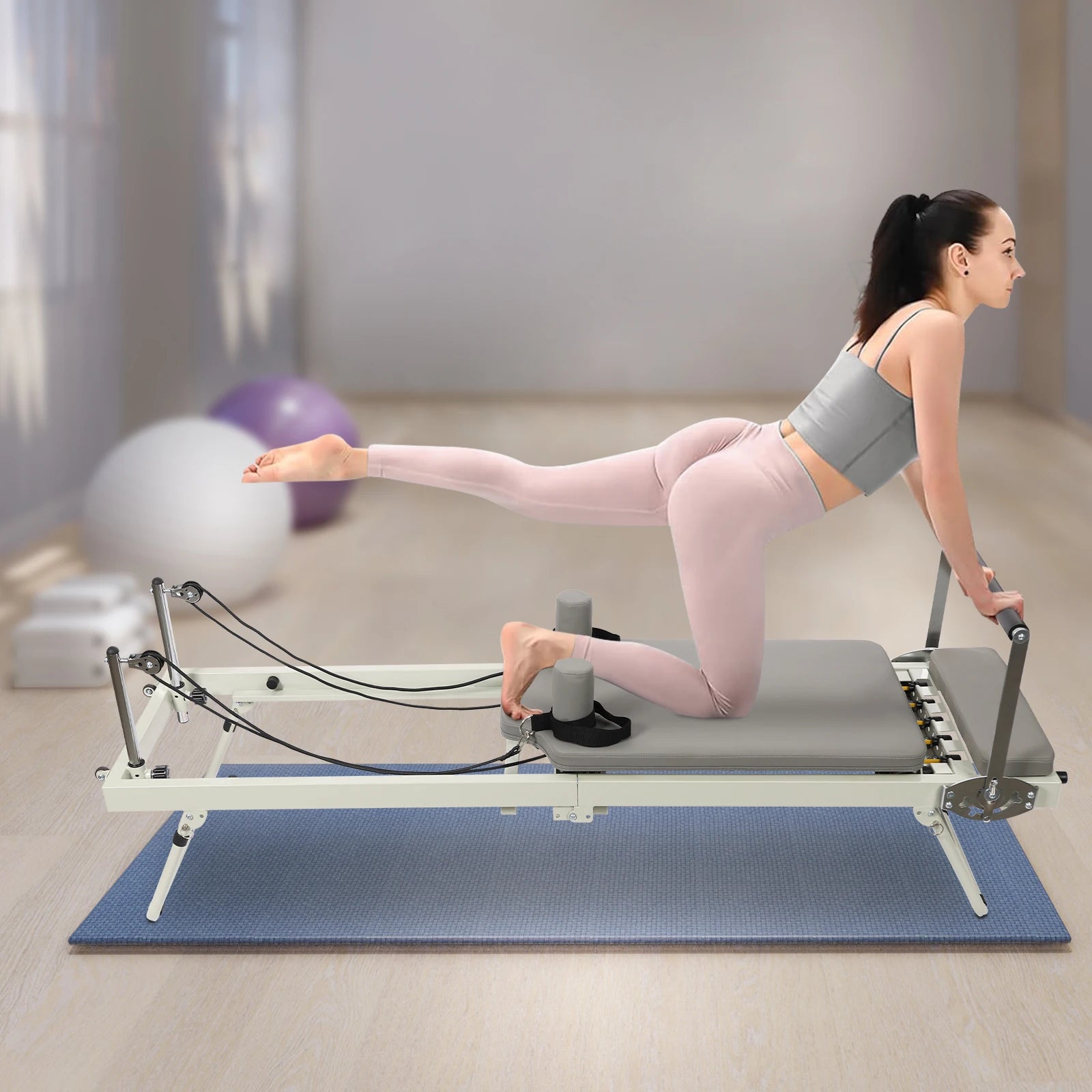 Foldable Pilates Reformer Machine with Latex Springs, 3-Level Rope Adjustment & 4-Position Foot Bar – Gym Yoga Fitness Equipment - WeightCityStore