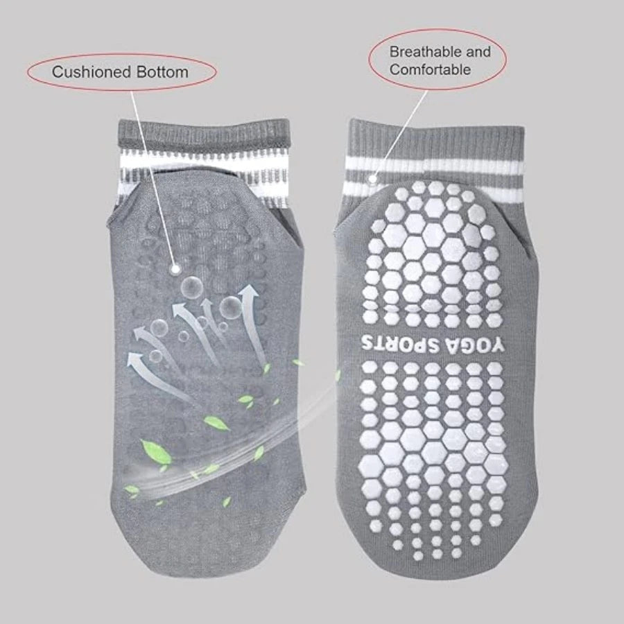 5 Pairs Grip Socks for Women, Non Slip Pilates Yoga Socks with Double Stripes Non Slip Socks for Workout, Ballet, Athletic Socks