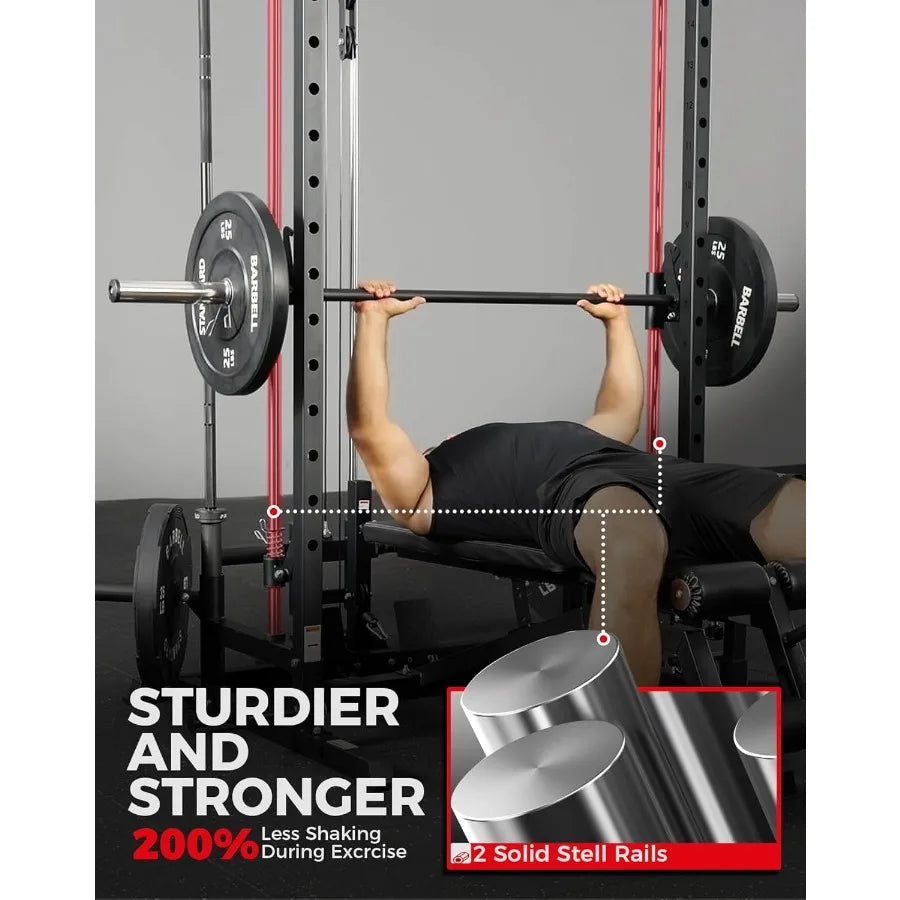 Smith Machine Home Gym Power Cage 1:1 Ratio Strength Trainer (Space Saving Design) (with 8 Free Attachments) Squat Rack for Ful - WeightCityStore