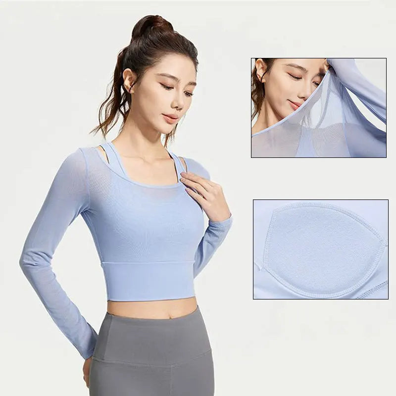 Womens Yoga Two Piece Top Comfortable Breathable Casual Sports Fitness Running Cycling Workout Yoga Long Sleeve Mesh T-Shirt - WeightCityStore