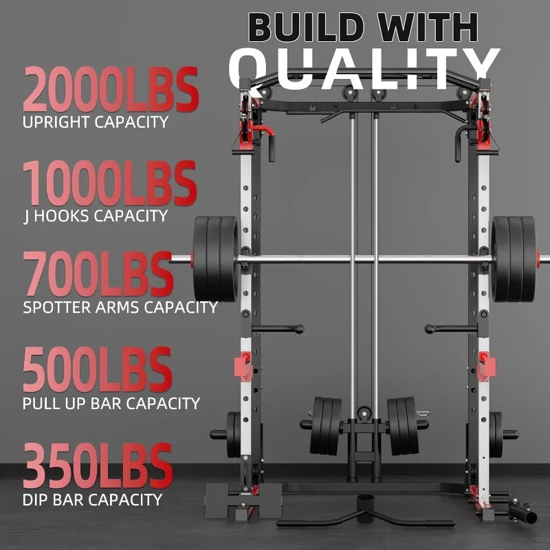 Smith Machine, Power Rack with LAT Pulldown System, Power Cage with Cable System, Squat Rack for Home Gym with Chest - WeightCityStore