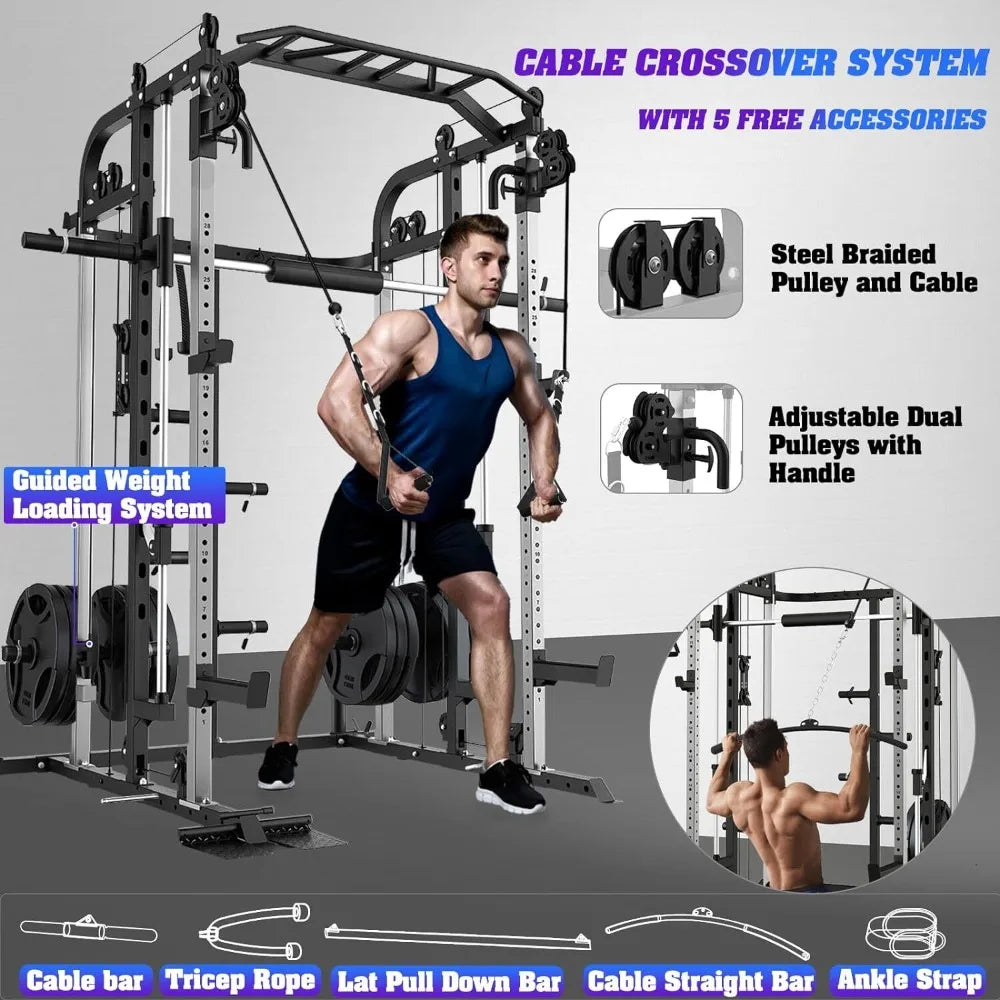 Smith Machine Power Cage Rack with Smith Bar and Cable Pulley Home Gym System - WeightCityStore