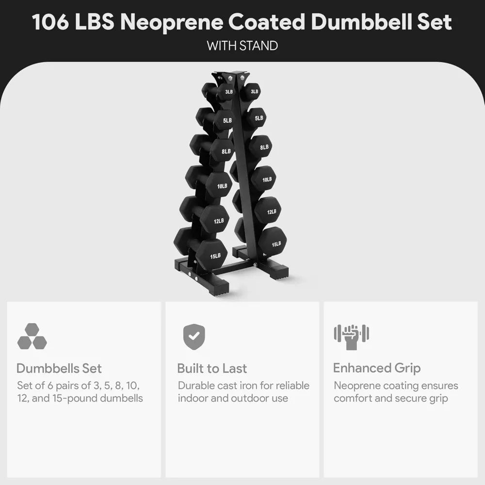 Dumbbell Set with Stand, Neoprene Coated Hand Weights Home Gym Equipment, Black - WeightCityStore