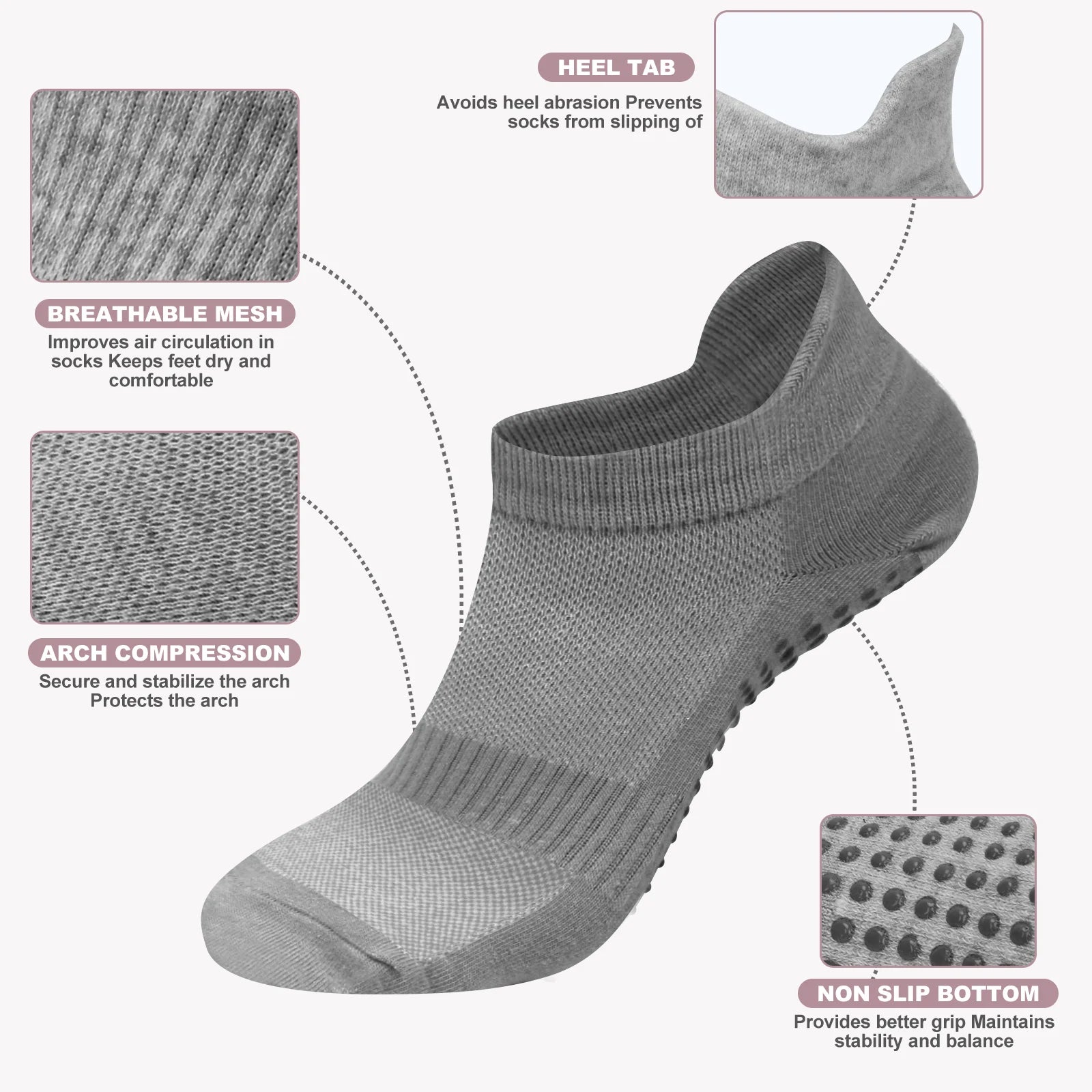 6 Pairs Women Short Socks Sports Cotton Anti Slip Slippers Fitness Training Protecting Heel Ear Short Sports Socks Silicon