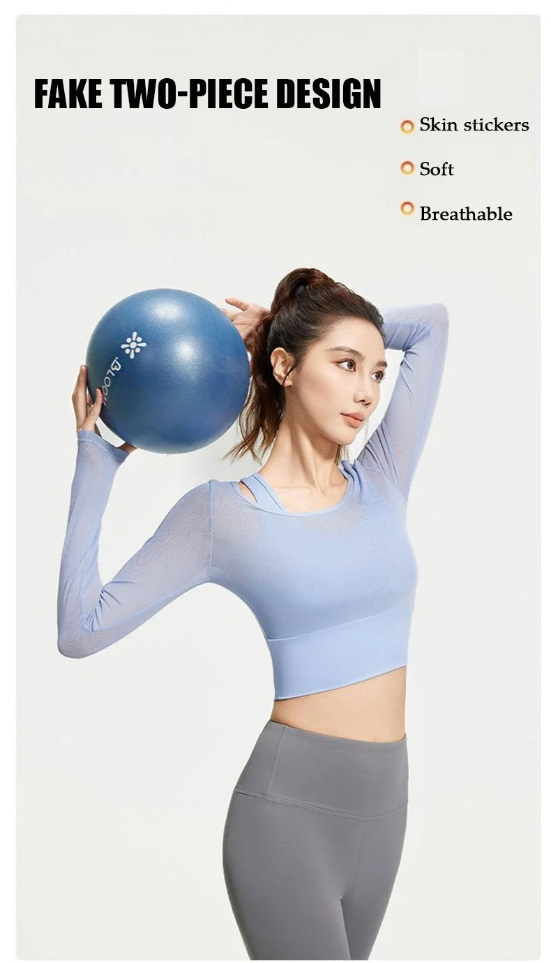 Womens Yoga Two Piece Top Comfortable Breathable Casual Sports Fitness Running Cycling Workout Yoga Long Sleeve Mesh T-Shirt - WeightCityStore