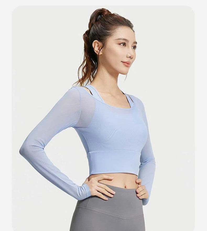 Womens Yoga Two Piece Top Comfortable Breathable Casual Sports Fitness Running Cycling Workout Yoga Long Sleeve Mesh T-Shirt - WeightCityStore
