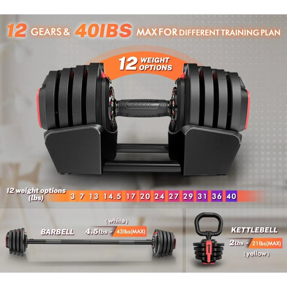 Adjustable 3-in-1 Dumbbell Set, 40 lbs with 12 Increments, Multi-Functional Home Gym Weight Set - WeightCityStore