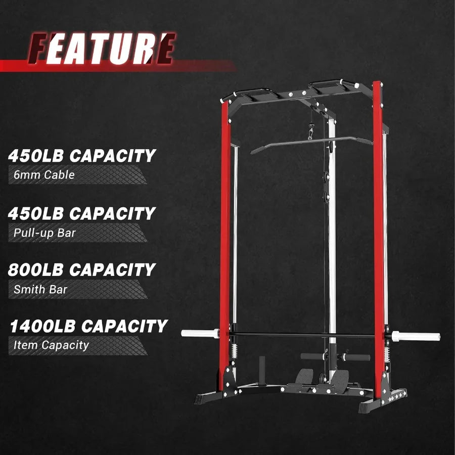 Compact Smith Machine Home Gym - 800lb Barbell Sleeve, Space-Saving Power Cage with LAT Pulldown, Power Rack 5-in-1, 1500lb Capa - WeightCityStore
