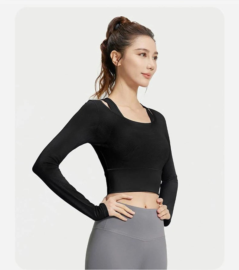 Womens Yoga Two Piece Top Comfortable Breathable Casual Sports Fitness Running Cycling Workout Yoga Long Sleeve Mesh T-Shirt - WeightCityStore