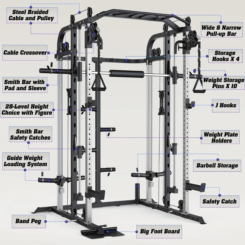Smith Machine Power Cage Rack with Smith Bar and Cable Pulley Home Gym System - WeightCityStore