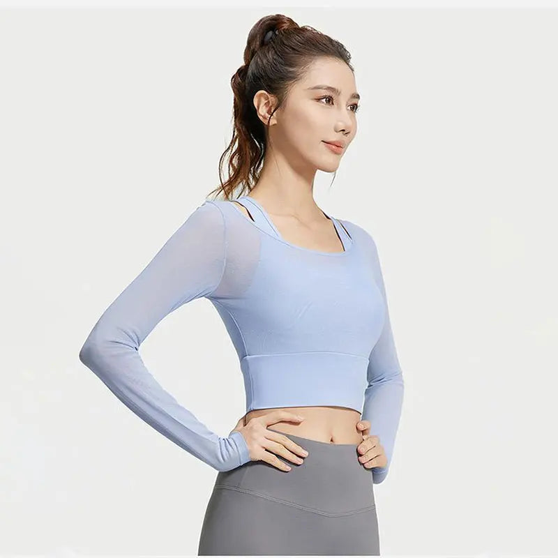 Womens Yoga Two Piece Top Comfortable Breathable Casual Sports Fitness Running Cycling Workout Yoga Long Sleeve Mesh T-Shirt - WeightCityStore