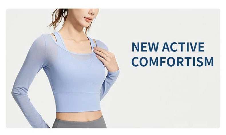 Womens Yoga Two Piece Top Comfortable Breathable Casual Sports Fitness Running Cycling Workout Yoga Long Sleeve Mesh T-Shirt - WeightCityStore