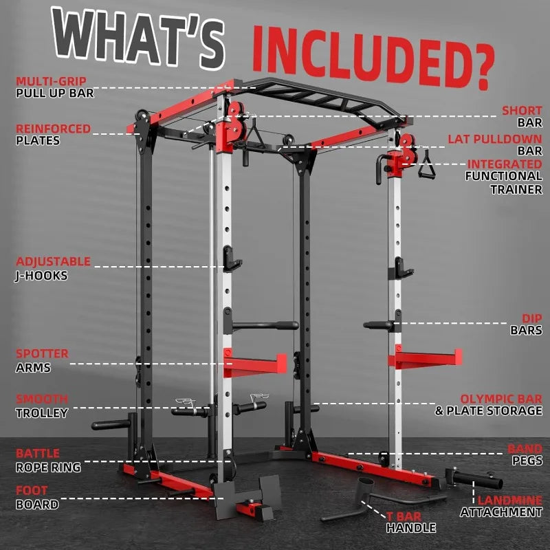 Smith Machine, Power Rack with LAT Pulldown System, Power Cage with Cable System, Squat Rack for Home Gym with Chest - WeightCityStore