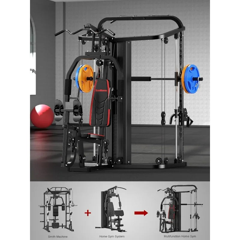 Multifunction Home Gym System Workout Station,Smith Machine with 138LB Weight Stack, Leg Press, LAT Station for Full Bod - WeightCityStore