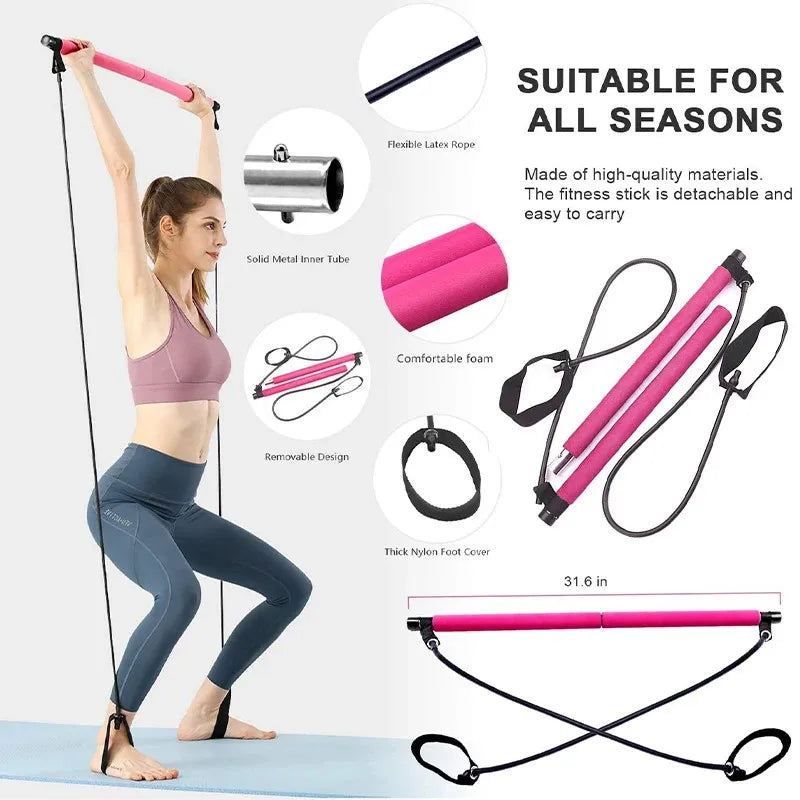 Multifunctional Pilates Bar Combination Fitness Bar Yoga Chest Expansion Tension Rope Back Trainer Elastic Rope Stretching Belt - WeightCityStore