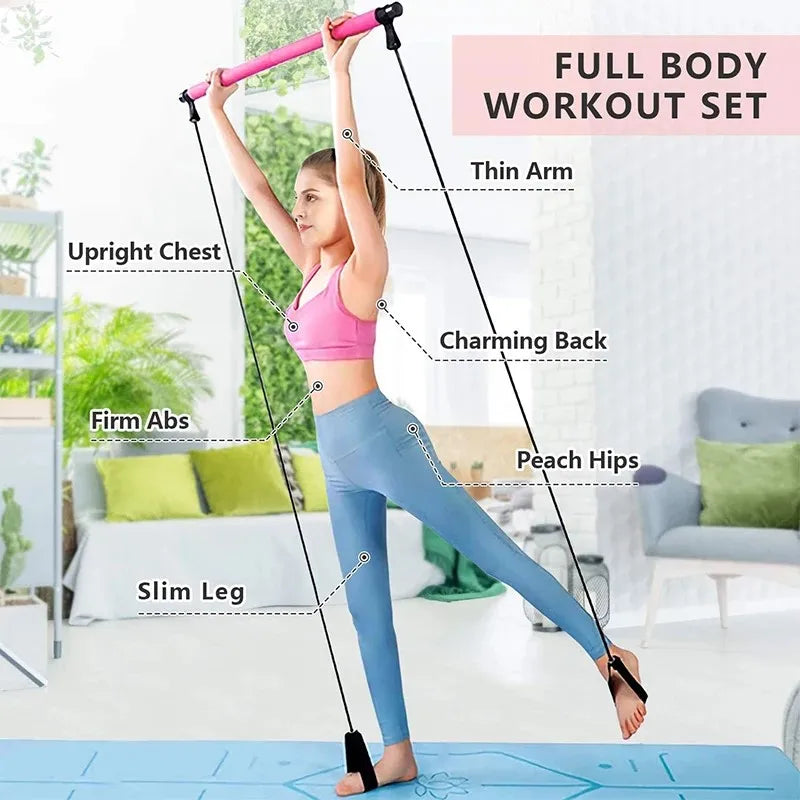 Multifunctional Pilates Bar Combination Fitness Bar Yoga Chest Expansion Tension Rope Back Trainer Elastic Rope Stretching Belt - WeightCityStore