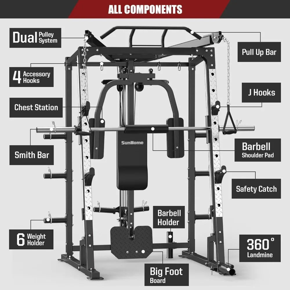 Smith Machine Power Cage Squat Rack with Smith Bar Cable Crossover Machine - WeightCityStore