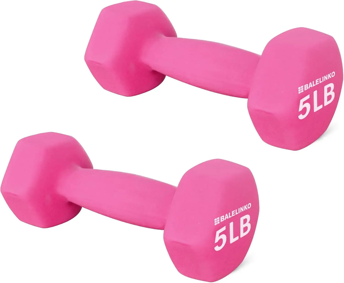 Hexagonal Neoprene Dumbbells for Home Gym, Strength Training, Yoga - Non-Slip Grip, 5LB Pink Pair - WeightCityStore